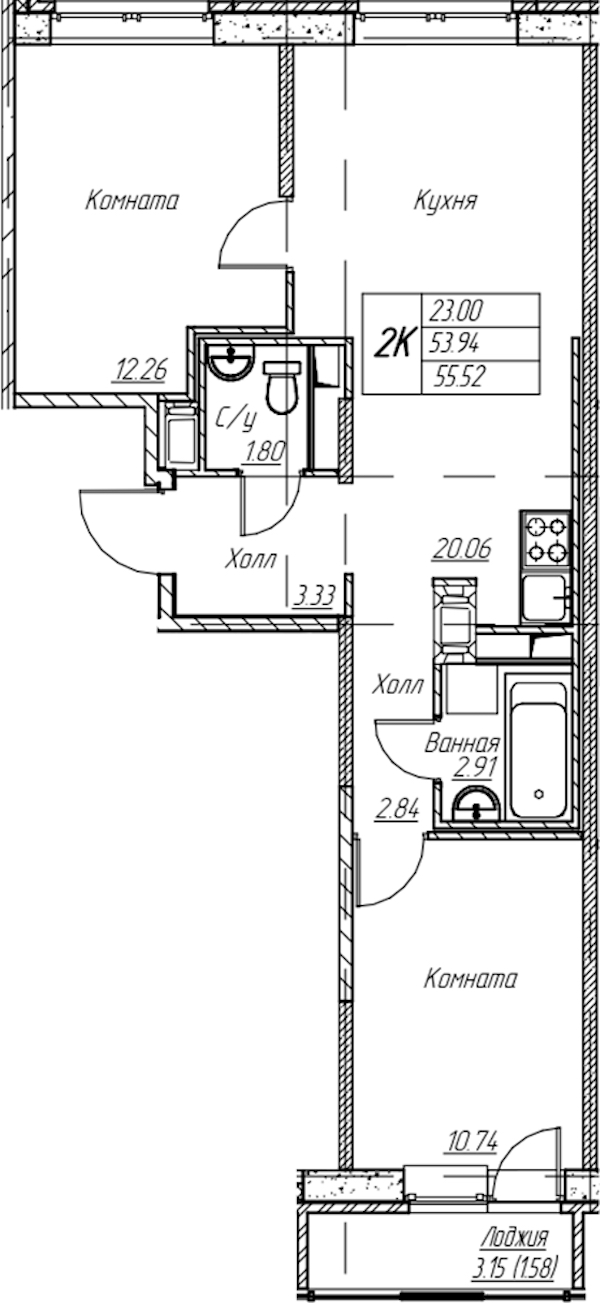 2-комнатная квартира 55.52 м², 16/22 эт., ЖК «Парк-квартал Юнтолово»